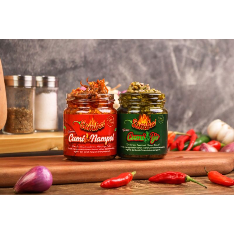 

PAKET 2 SAMBAL DAPUR AMBU , sambal cumi nampol / sambal cumi ijo, kemasan botol kaca 200 gr