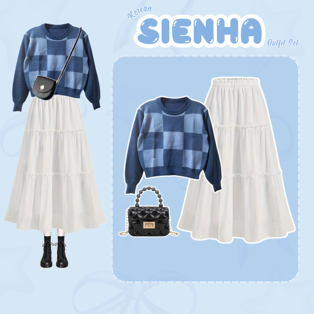 Sienha Outfit Set [  Sweater + Rok Susun + Tas  ] OOTD Korean Simple Cocok Untuk Hangout dan Ngampus