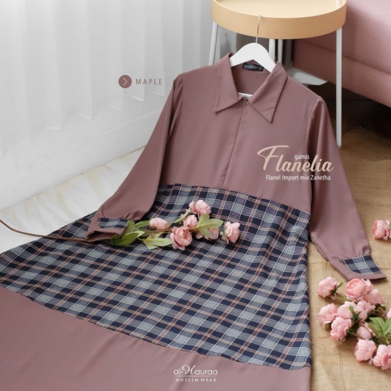 Dilovable.id | GAMIS KOMBINASI FLANELIA ZANETHA GAMIS LEBARAN POLOS KOMBINASI KOTAK - KOTAK BY. AL H