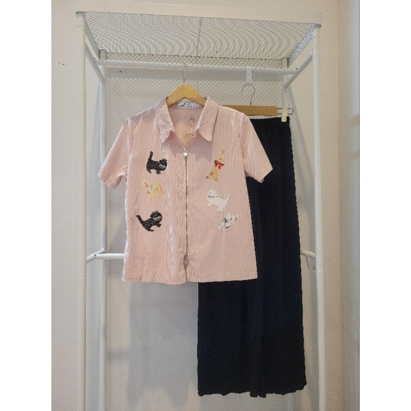 Korean Setcel Premium Kemeja Baby Cordu Double Zipper Blouse Lucu Cat Rabbit Set celana kulot pliske