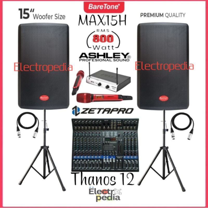 Paket Sound System Speaker 15inch Baretone MAX15H MIXER 12Ch Zetapro Thanos 12 Mic Wireless Ashley O