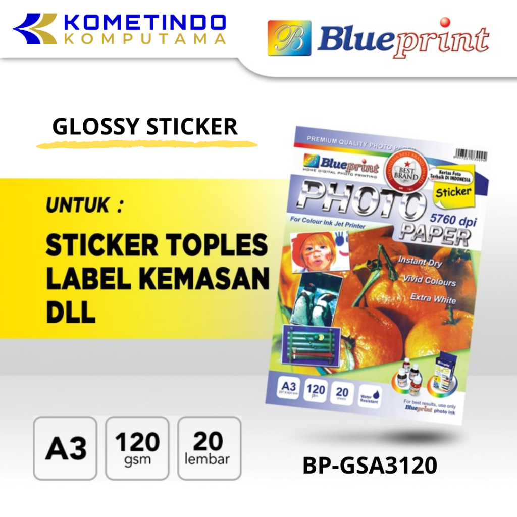 

BP-GSA3120 A3 Glossy Sticker A3 BLUEPRINT - Kertas Sticker Glossy Paper BLUEPRINT A3, 20 Sheet, 120gsm