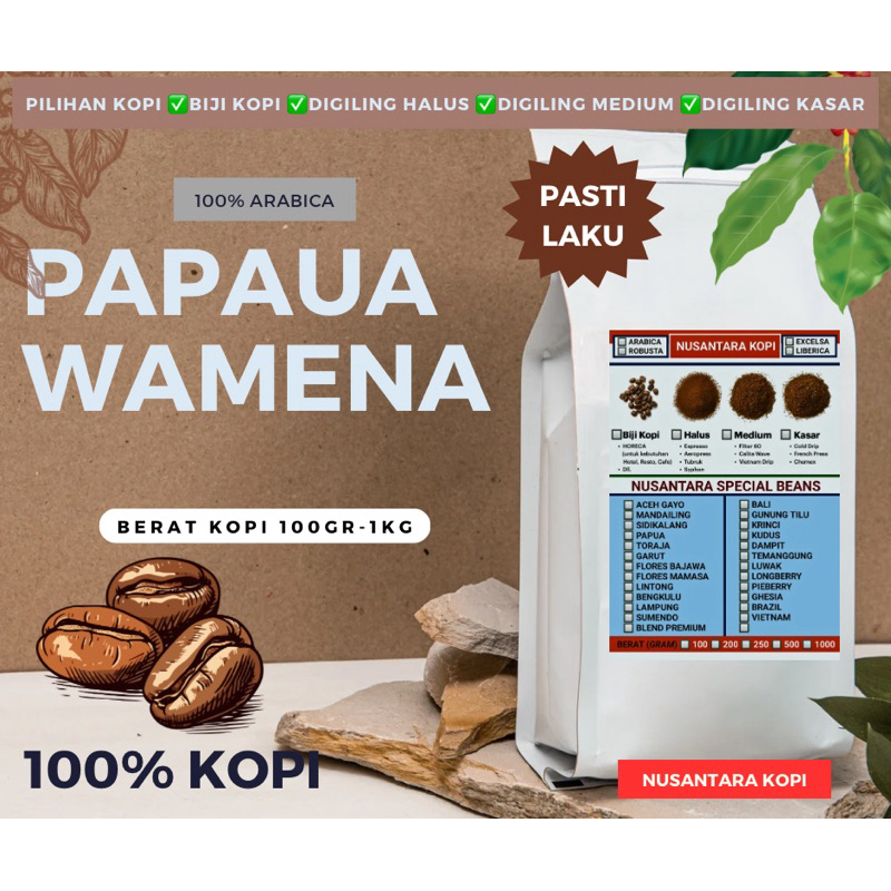 

Kopi Arabika Papua Wamena Single Orgin 100gr-500gr Nusantara Kopi