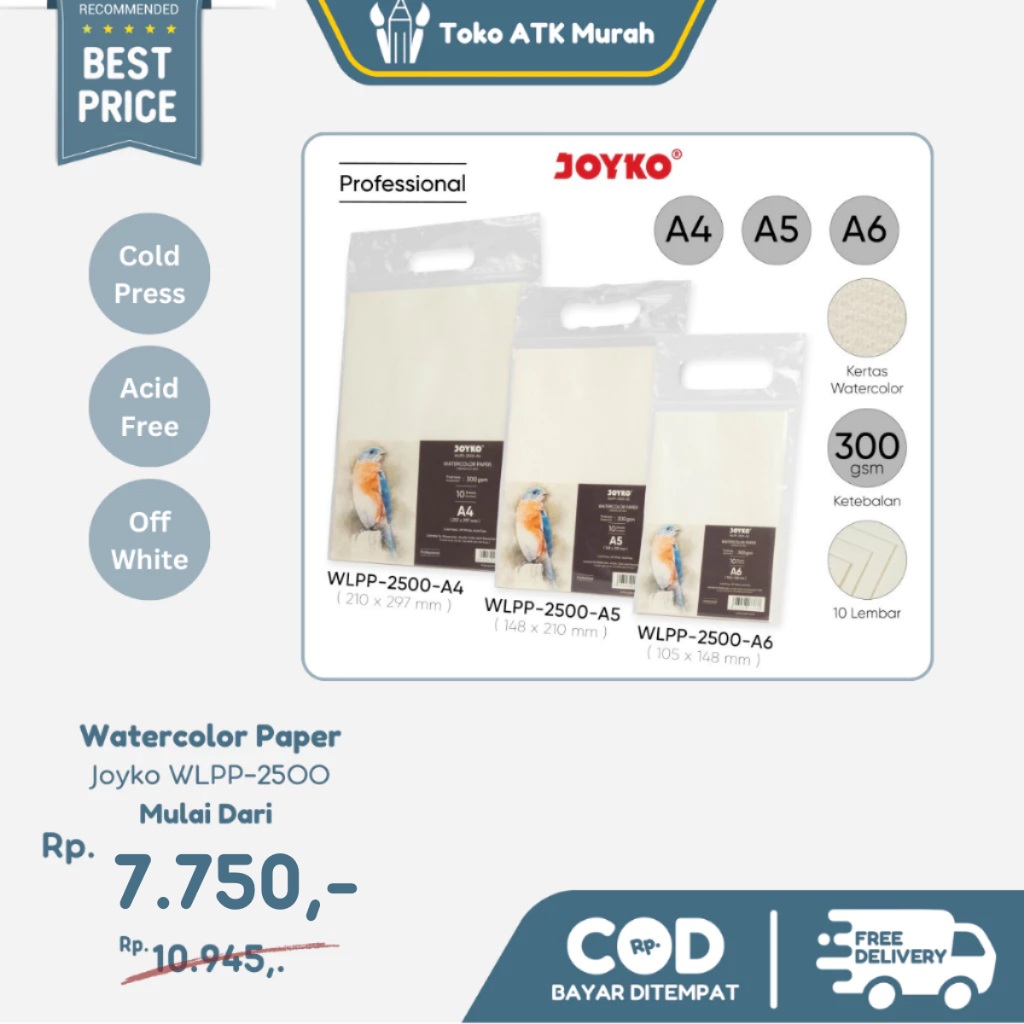 

Watercolor Paper A6 A5 A4 Joyko WLPP-2500 Kertas Cat Air 300 gsm 10 Sheets