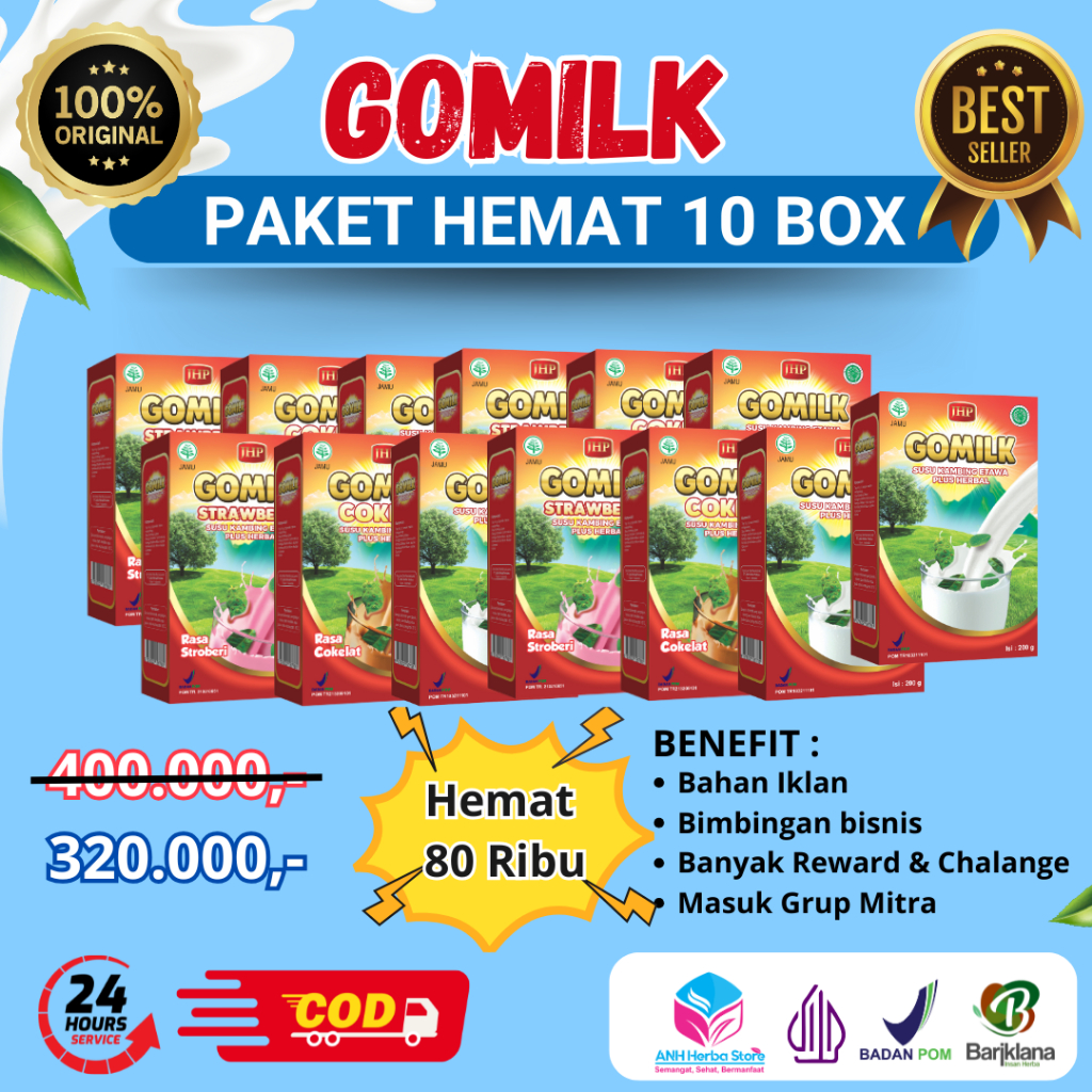 

[ PAKET RESELLER ][ BELI 10 FREE BOX MAKAN] [ Produk Asli 100% ] GOMILK Susu Etawa Plus Herbal 200gr | Garansi Expired Lama