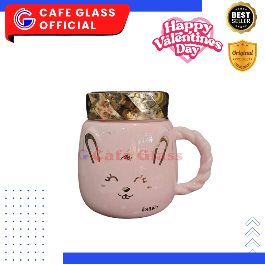 MUG PINK VALENTINE | MUG RABBIT TUTUP PUTAR | GELAS KERAMIK KELINCI | MUG LUCU