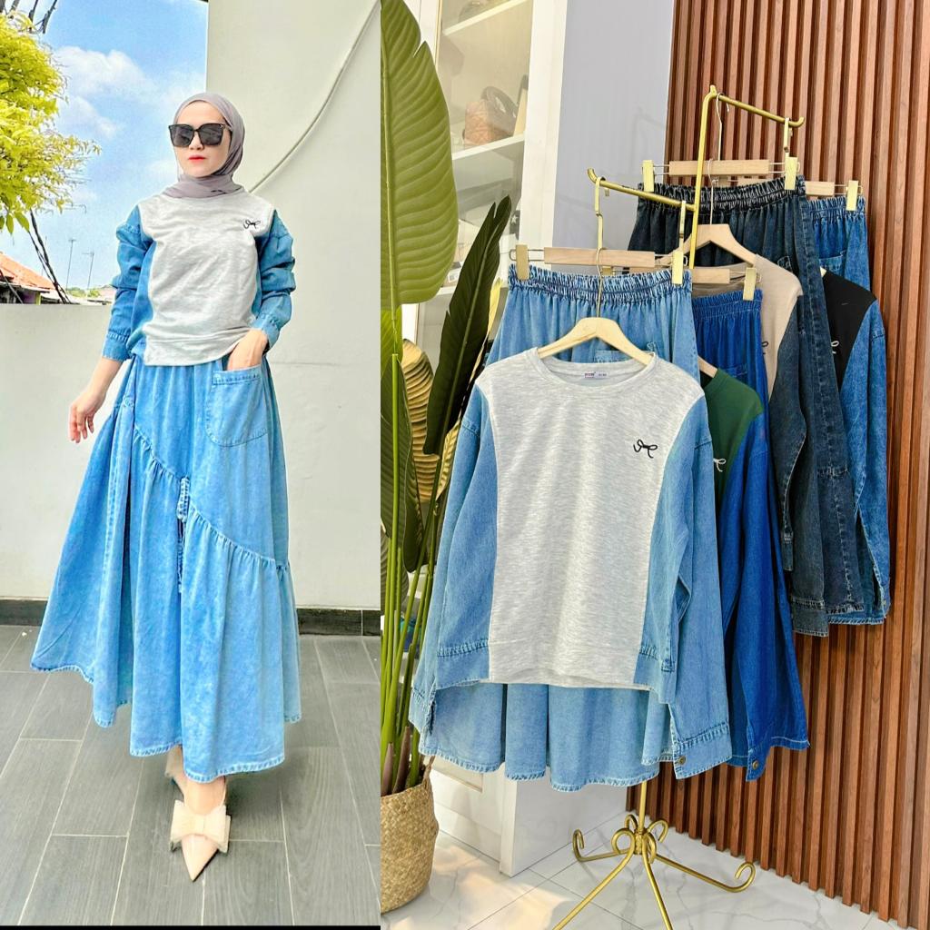 PITTA SET ROK BAHAN JEANS PREMIUM KOMBINASI KAOS / ATASAN&ROK SET
