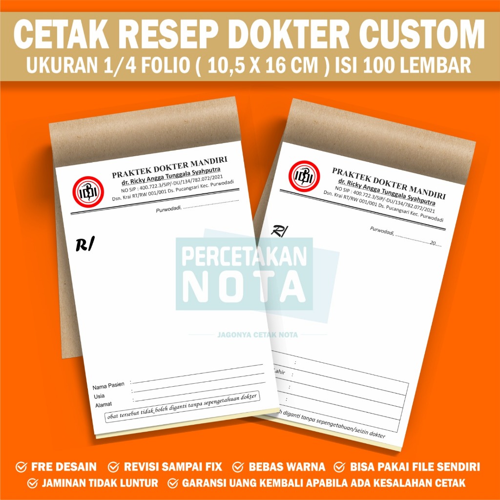 

Cetak resep dokter custom ukuran 1/4 folio