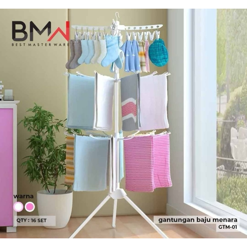 Jemuran Pakaian Menara Total 16 Jari BMW - Jemuran Baju Handuk Anak Bayi Portable - Jemuran Pakaian 