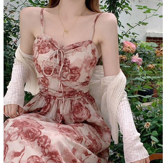 baju gaun pesta merah bunga wanita Summe elegant party red dress vintage korean style Casual dress p
