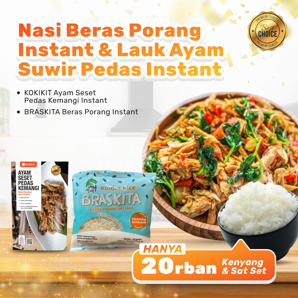 

Nasi Beras Porang Instan dan Lauk Instan Ayam Seset Pedas Khas Nusantara Siap Makan