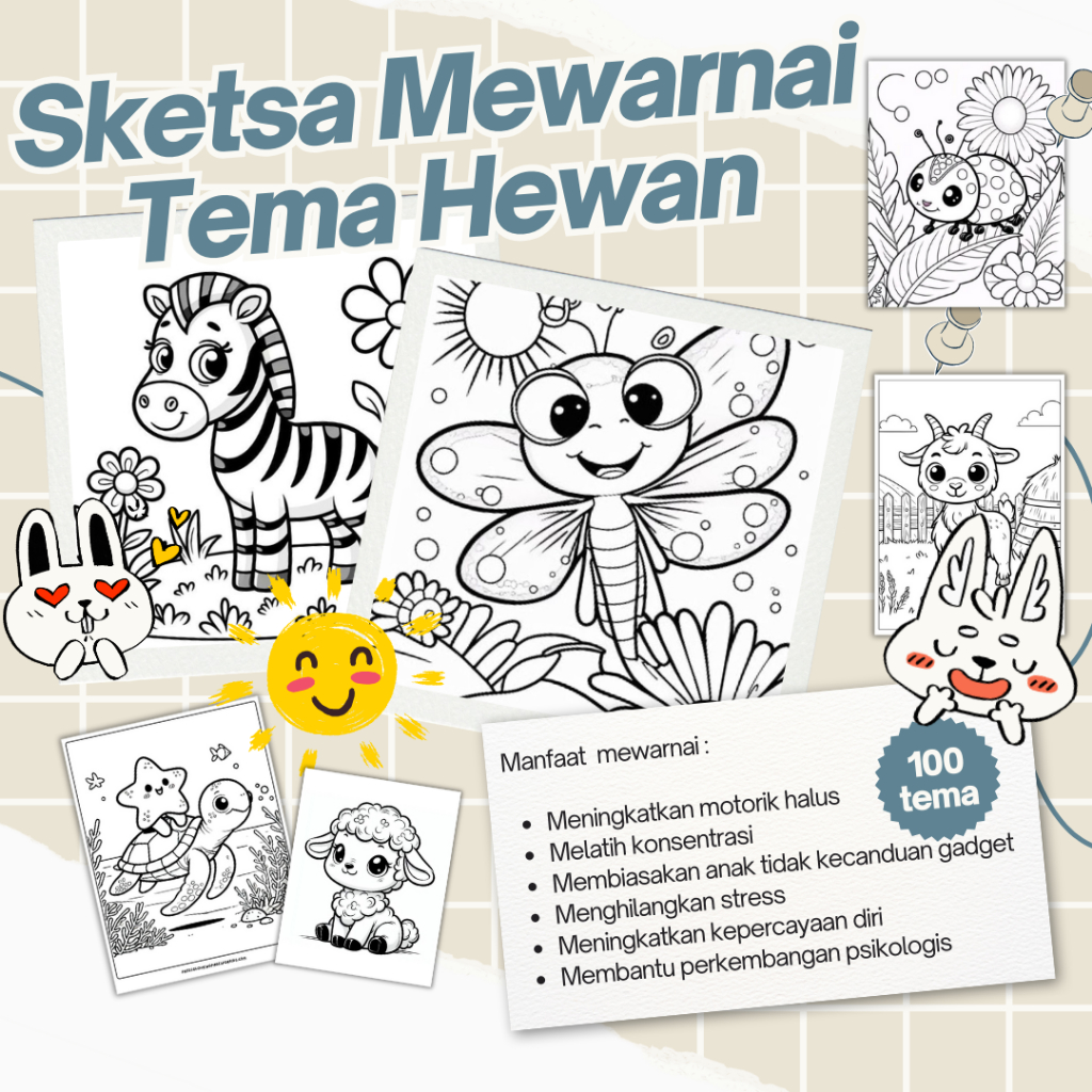 

KERTAS MEWARNAI 100 TEMA/COLORING / HEWAN LUCU / ANAK TK / A4