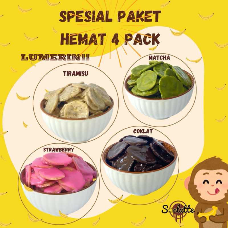 

Spesial Paket Hemat 4 Box Kripik Pisang {KOIN} By Soclatte kemasan 500ml