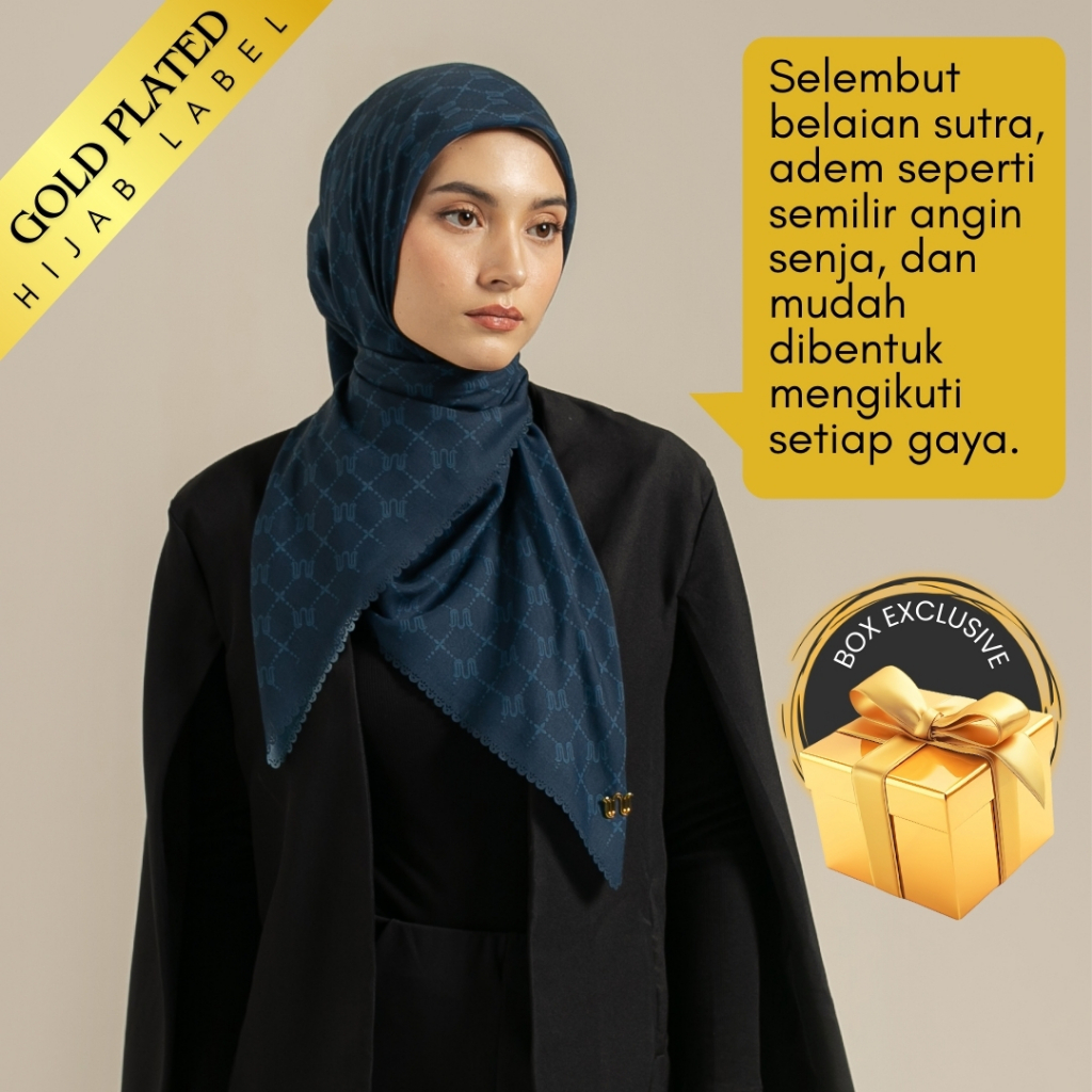 Wulang Narawangsa Hijab Segi Empat Monogram Biru Navy | Kerudung Segi Empat | Hijab Motif Segi Empat