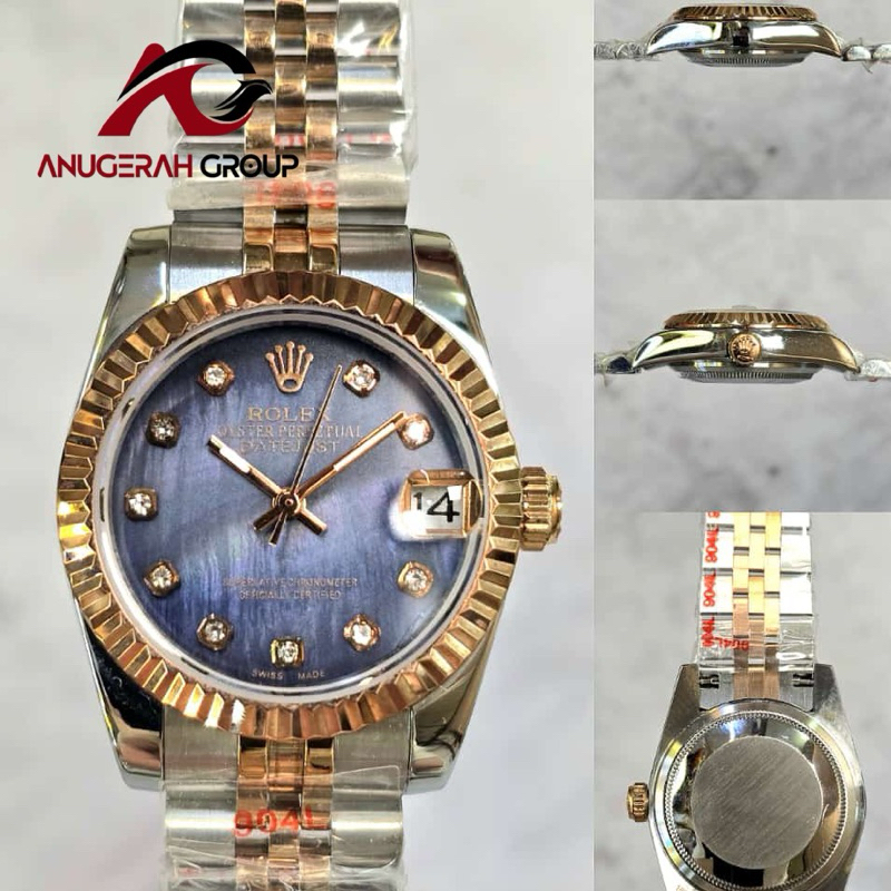 ROLEX DATEJUST 31MM AUTOMATIC / JAM TANGAN WANITA ROLEX COMBI ROSEGOLD BLUE DIAMOND PREMIUM GRADE AA