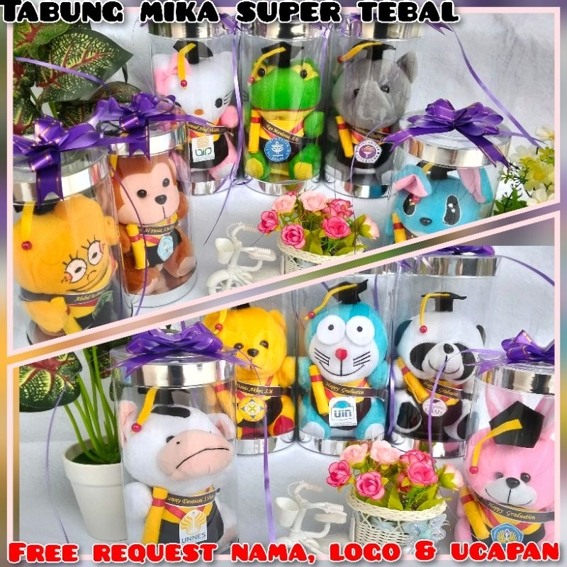 Boneka Wisuda Karakter  UK ±16 Cm Kemasan Tabung Mika Tebal, Boneka Beruang, Doraemon