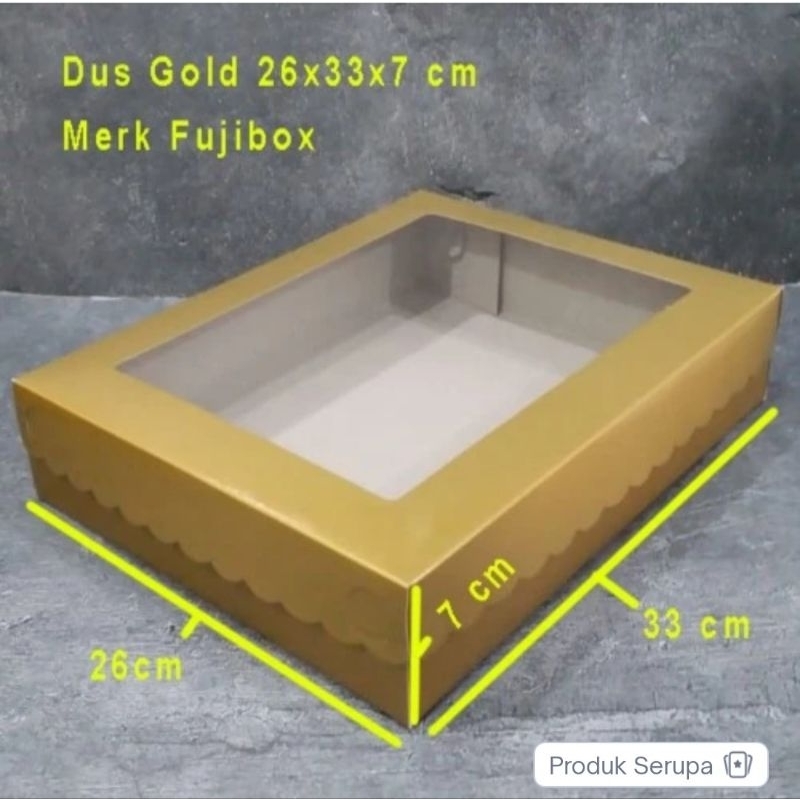 

Dus Kaca Mas 26x33 x7 isi 10 pcs Kardus Kue Dus Gold 26x33