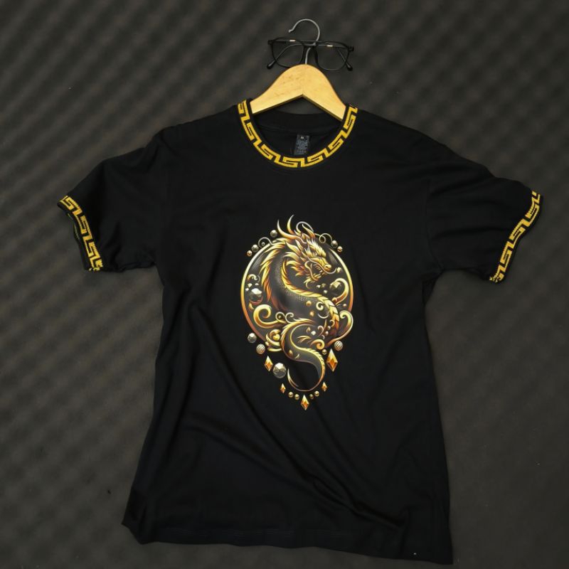 kaos manset kuning motif naga kuda laut