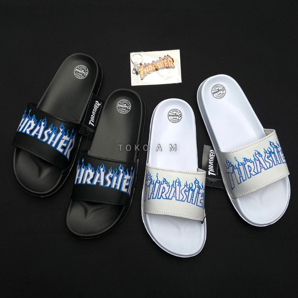 Sandal Slop Pria Hitam Dan Putih - Sendal Selop Thrasher - Sandal Karet Pria Kekinian Kasual