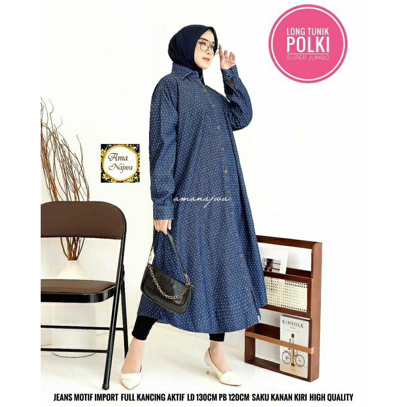 Long tunik Polki Jeans wash Tebal JUMBO ld 130 / Amj