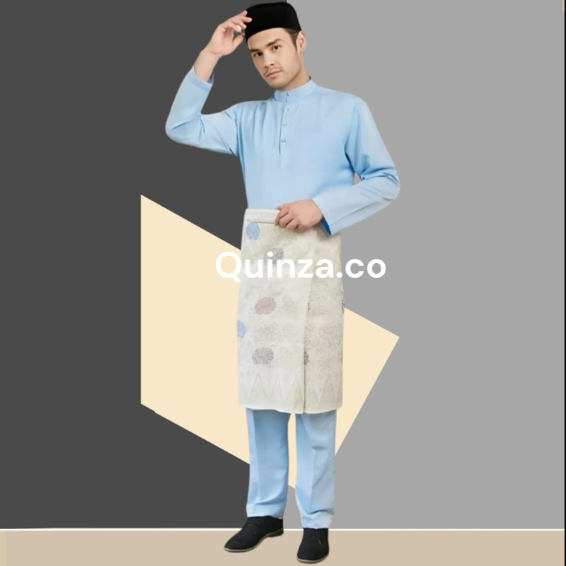 Setelan Baju Melayu Pria Teluk Belanga Bahan Katun Toyobo warna Baby Ble Satu Set Baju Celana Cekak 