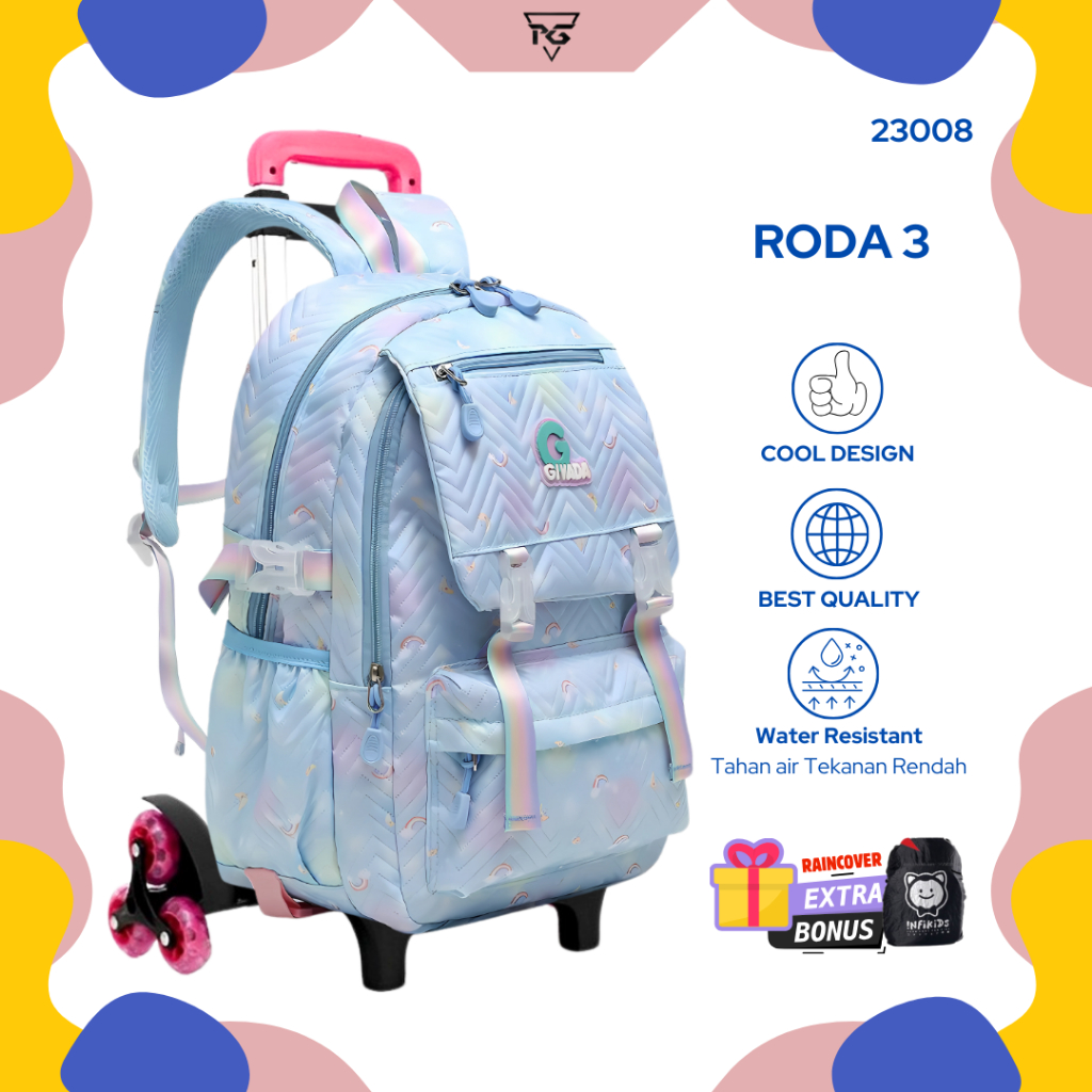 Tas Troli Sekolah Anak Perempuan Roda 3 Lepas Pasang Gagang Troli 2 Tas Koper Anak RPG 8002