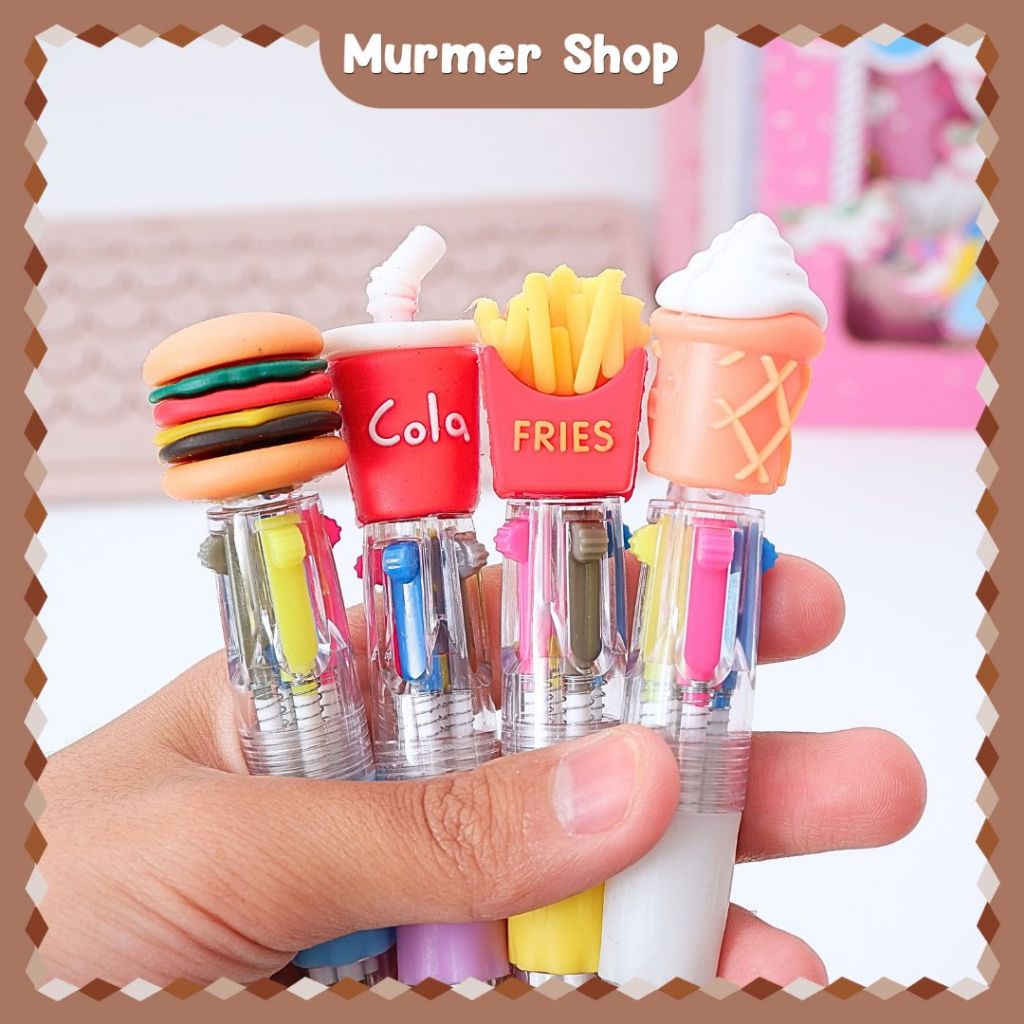 

Pena 4 Warna Pendek Fast Food Pulpen Warna-warni Bolpoint Mini Karakter