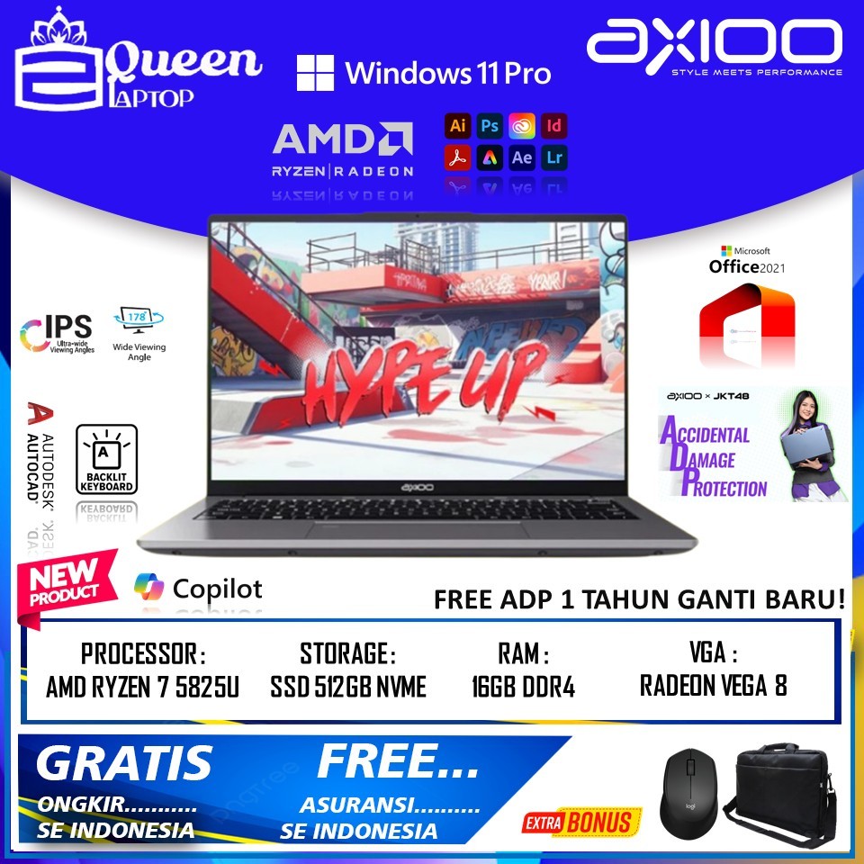 Axioo MyBook Hype 7 X7 AMD Ryzen 7 5825U  Ram 16GB 512GB FHD IPS Windows 11 pro