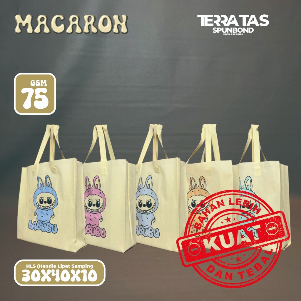 

Premium Special Edition Labubu Macarons Cream Tas Spunbond Souvenir Goodie Bag 75 GSM 30x40x10