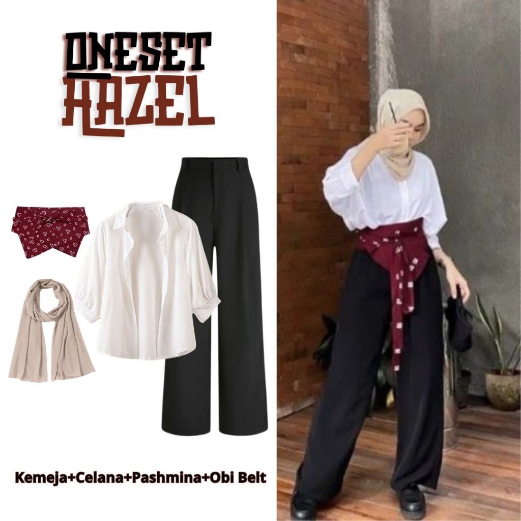 4in1 Hazel OneSet Hijab Modern Tradisional (Kemeja+Celana+Pashmina+Obi Belt) Ootd Jalan Gaya Keren