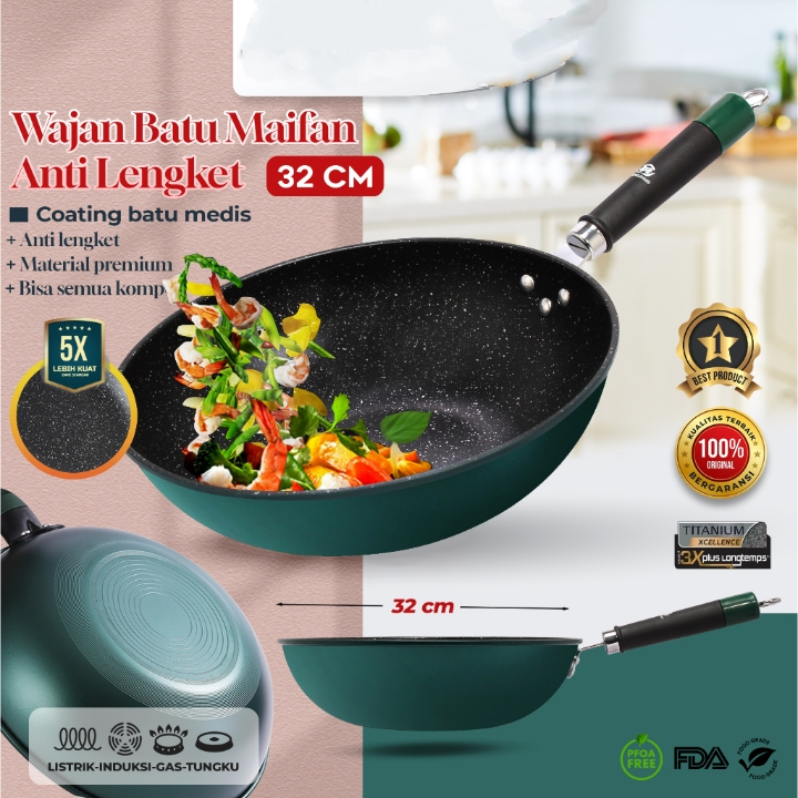 Premium [Hz] - Wajan Batu Maifan 32Cm / Wajan Gagang Plastik Maifan Batu Medis 32Cm / Wajan Anti