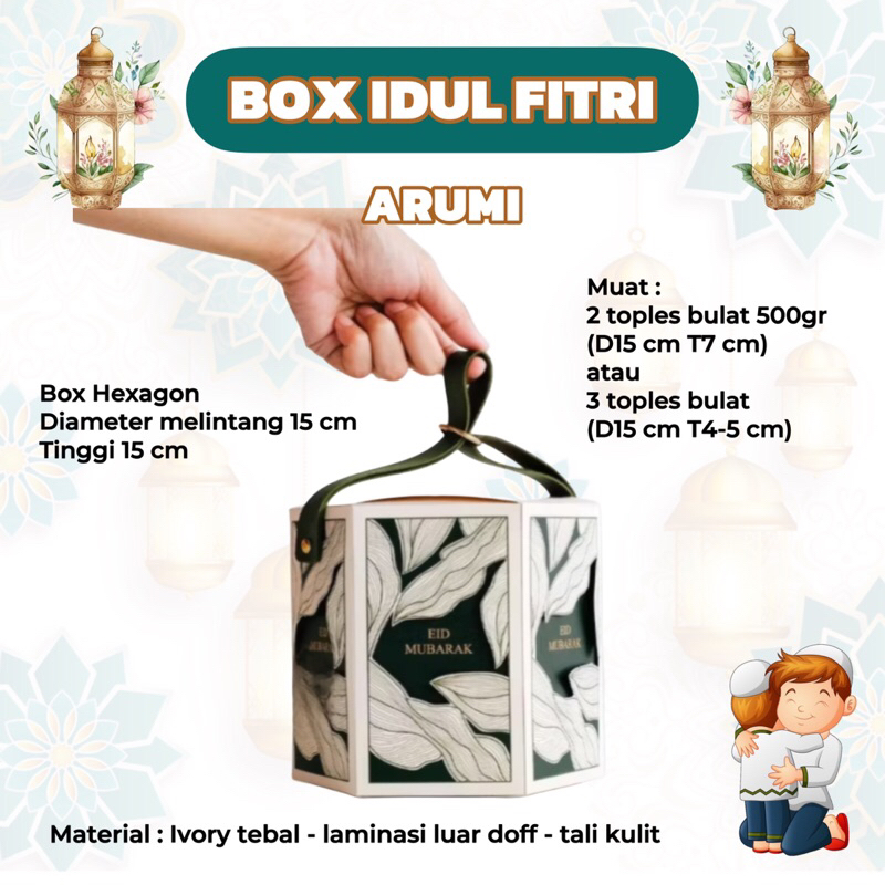 

ARUMI | Box Hampers Hexagon Idul Fitri muat 2 Toples Bulat 500gr / Dus Packaging Toples Cookies Lebaran Eid Mubarak