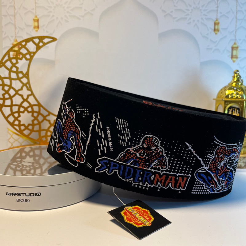 SONGKOK AT-TAQWA MOTIF SEPIDERMAN PECI HITAM