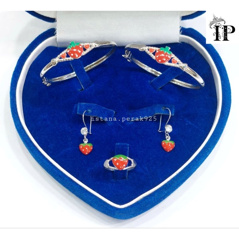 Set Anak Perak Asli Silver 925 Lapis Emas Putih Model Strowbery Cat - Gelang Cincin Anting Anak Anti