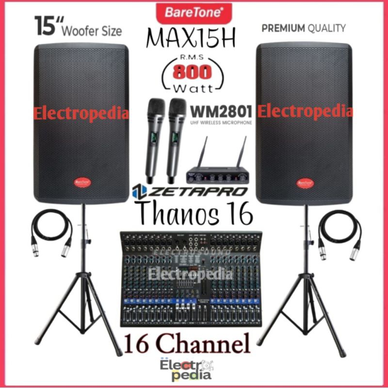 Paket Sound System Speaker 15inch Baretone Max15H Mixer 16ch Zetapro Mic Wireless Baretone Original