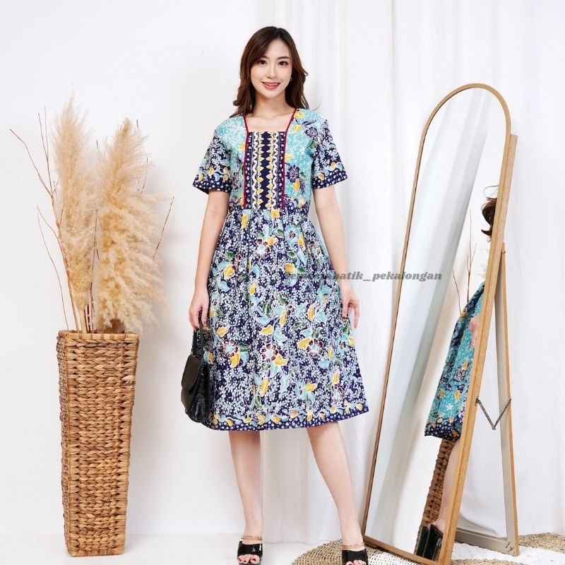 DRESS BATIK WANITA FULL BATIK TULIS LENGAN PENDEK MODERN