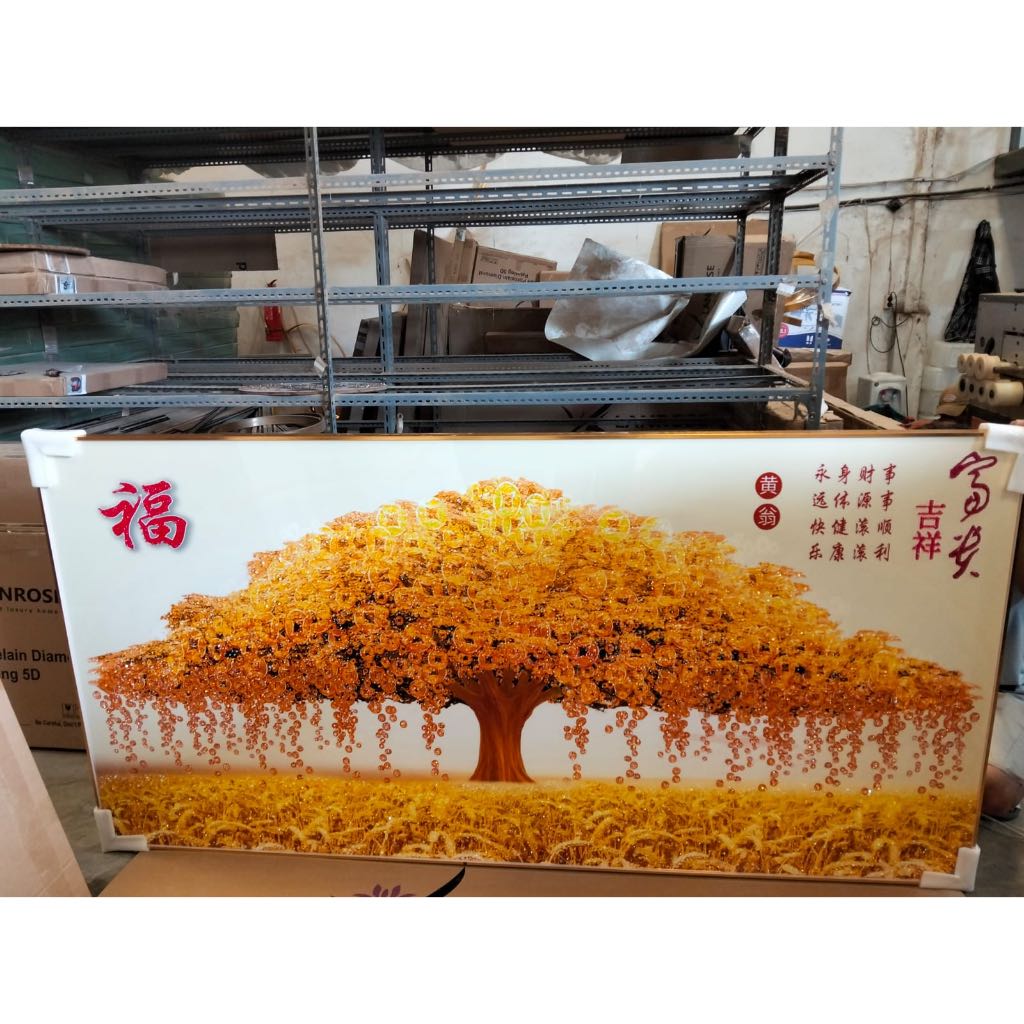 Lukisan Porcelain 5D Diamond Motif Pohon Uang Pohon Emas Pajangan Dinding Lukisan Porselen 5 Dimensi