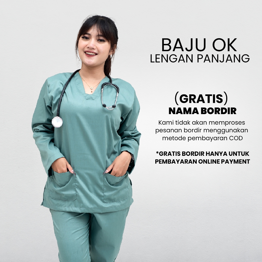 Baju OK Lengan Panjang ( GRATIS NAMA BORDIR ) Scrub DOKTER Baju Jaga PERAWAT Medis Nakes Petugas med