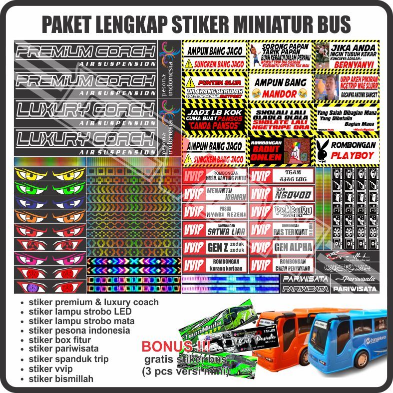 Paket lengkap stiker miniatur bus (stobo mata, strobo led, spanduk trip, stiker vvip, premium/luxuri