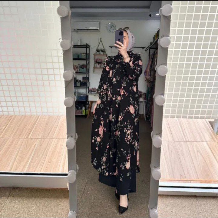 Pasar Batik Murah - Setelan Long Tunik Wanita Tania Flower Oneset Midi Tunik Rayon Mix Cringkel