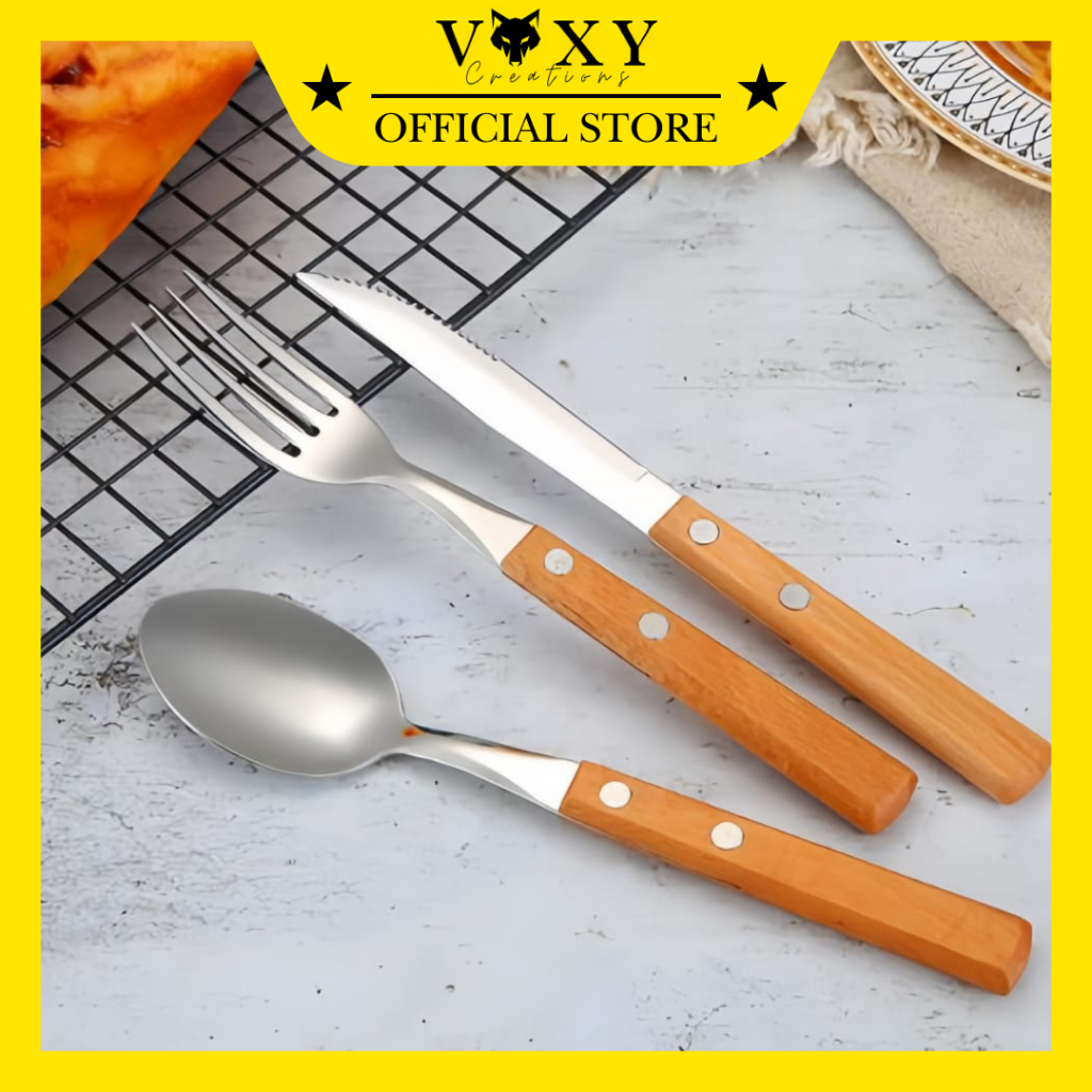 Sendok Garpu Set Stainless Kayu Korea / Set Sendok Pisau Garpu Steak / Set Sendok Pisau Garpu