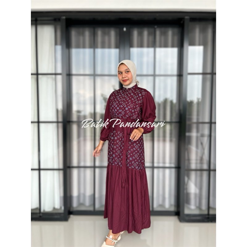 Fatimah Dress Batik Mahira Burgundy Bahan Katun Kombinasi