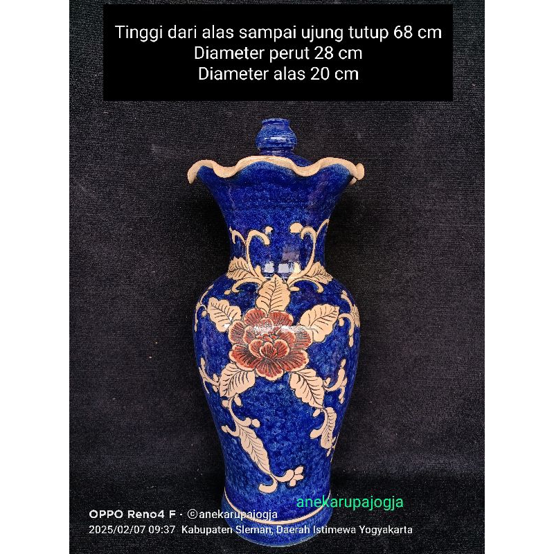 vas bejana guci keramik lukis tangan biru motif bunga