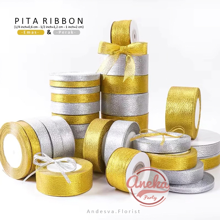 

Pita Ribbon Gliter / Pita Metalik / Pita Parcel Gliter Gold / Pita Kado Perak / pita renda mas perak