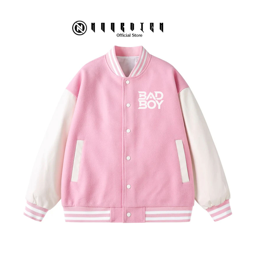 NOORDIEN - Jaket Varsity/Baseball BAD BOY TEXT PUTIH Pria-Wanita, Bahan Catton Flace