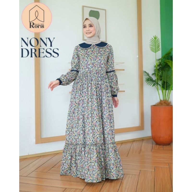 Roris Fasion Nony Dress Motif Bunga | Lavender & Navy | Gamis untuk remaja dan dewasa