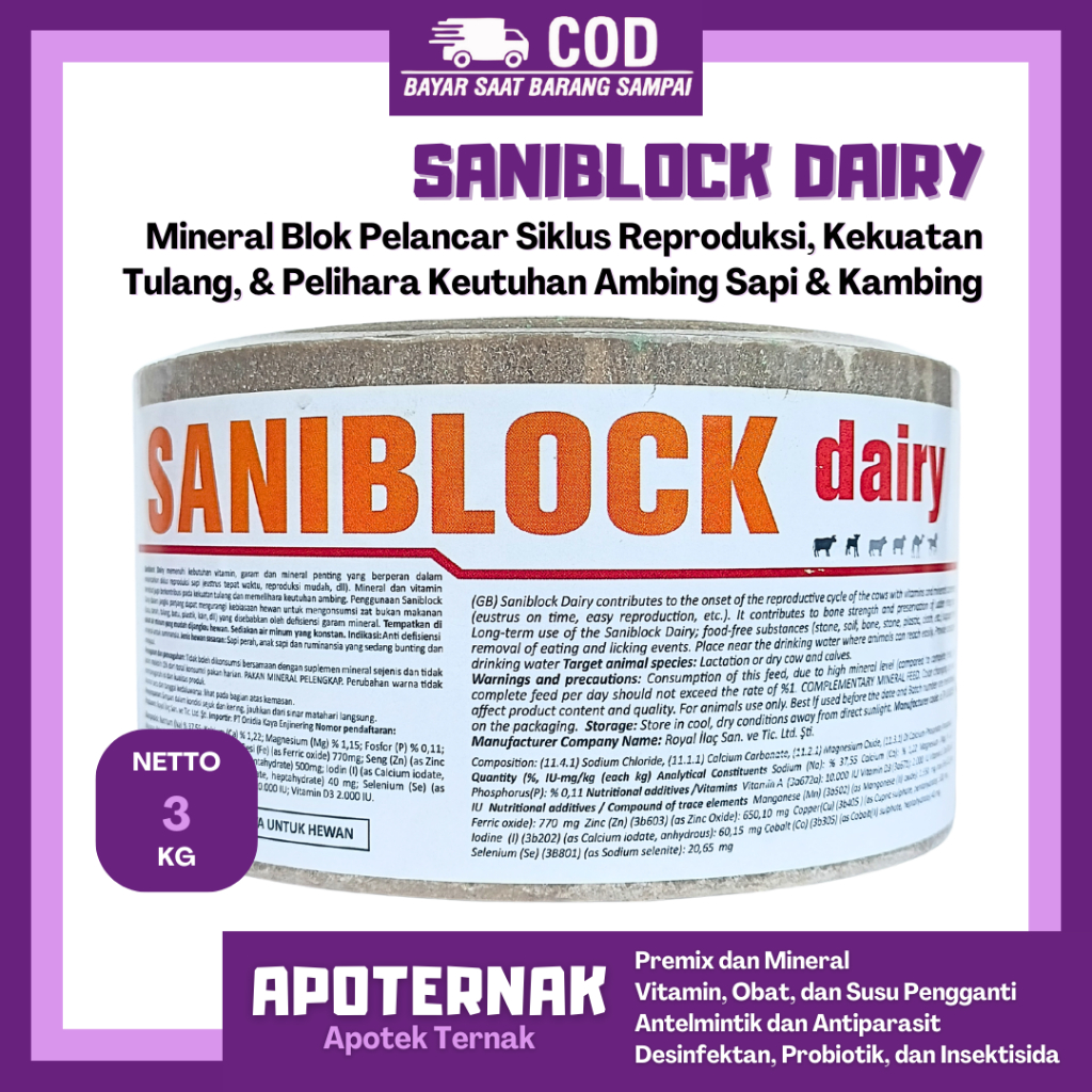 MINERAL BLOK SANIBLOCK DAIRY 3 KG - MINERAL BLOK KAMBING PERAH - MINERAL BLOK SAPI PERAH - MINERAL B