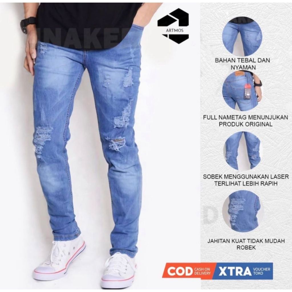 celana panjang sobek sobek pria / Celana Jeans Pria Panjang Sobek Lutut Skinny Slimfit Streetch / ce