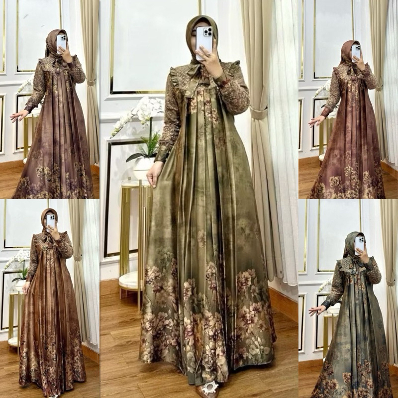 BEST DEALS Gamis Armany Silk Tsabina Abaya Babydoll Free Jilbab Bahan Silk Saten Motif Kembang -