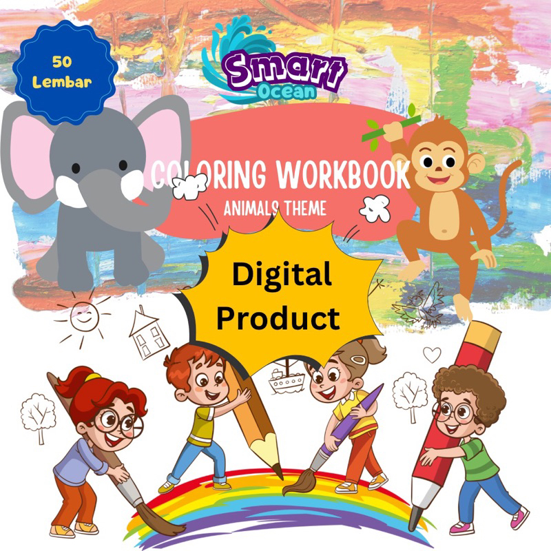 SmartOcean- Coloring Workbook - Animals Theme - 50 lembar Printable produk /PDF untuk anak 2-5 tahun